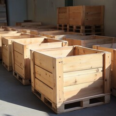 Empty wooden harvest boxes folded in warehouses