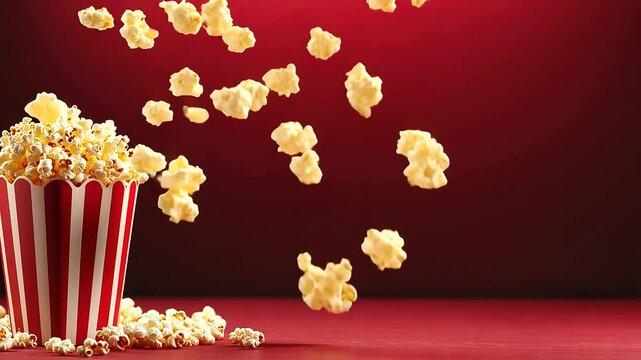 A retro-style movie clapperboard paired with a striped popcorn box on a rich red background, evoking a classic cinema vibe