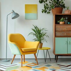 Geometric carpet and rustic cupboard in a cozy living room with yellow and mint chairs at a table with pastel lamps.