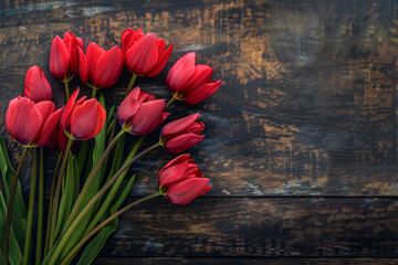 Bouquet of red tulips is arranged on a wooden table