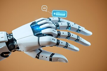 A futuristic robotic hand with digital interface elements.