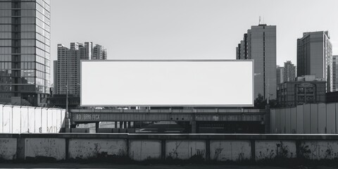 Obraz premium A city scene with a large blank billboard on the side of a concrete wall.