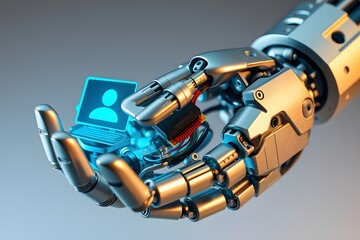 A robotic hand holding a digital interface symbolizing technology and human interaction.