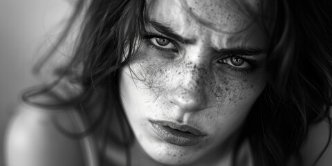 Girl with fierce expression, dark eyes, and freckles on face.