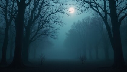 Mysterious foggy forest at night with bare trees silhouetted against the moonlight