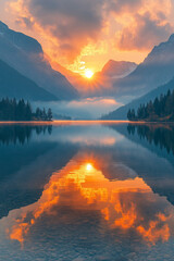 Photo réaliste professionnelle d’un lac paisible avec une eau cristalline reflétant les montagnes environnantes et un ciel doré de lever de soleil