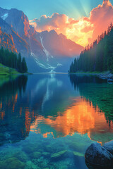 Photo réaliste professionnelle d’un lac paisible avec une eau cristalline reflétant les montagnes environnantes et un ciel doré de lever de soleil