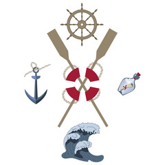 Oars and steering wheel with lifebuoy and anchor bottle and wave marine theme flat