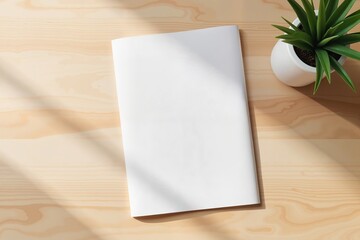 Folded flyer mockup on wooden table with natural light, minimalism. Mock up for business and advertising