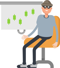 Thief Character Presenting Candlestick Chart
