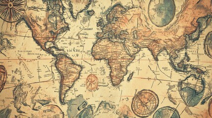 Obraz premium Antique world map with compass roses.