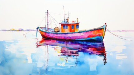 Fototapeta premium Vibrant Fishing Boat on Calm Waters: A Watercolor Masterpiece
