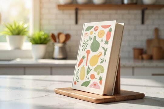 Vibrant cookbook on kitchen counter in morning light, culinary inspiration