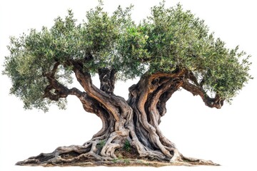 Fototapeta premium Centenarian Olive Tree Isolated on White Background, Capturing Greece's Rich Cultivation Heritage
