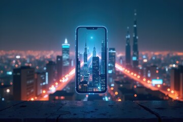 Mock up of futuristic smartphone floating above neon cityscape at night, innovation. Mock up for business and advertising