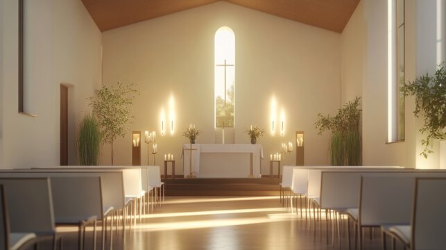 Empty modern church interior, sunlight streaming in.