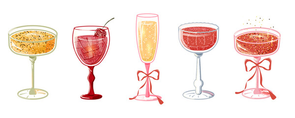 Set of festive cocktails in gold and dark red colors. Cherry cocktail, champagne. Shiny, golden flirty drinks for weddings, holiday parties, Christmas. Hand-drawn vector illustration. Isolated.