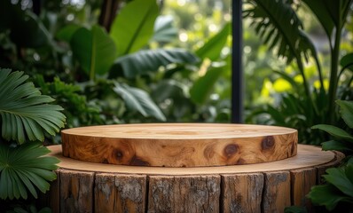 Beautiful wooden display in lush greenery