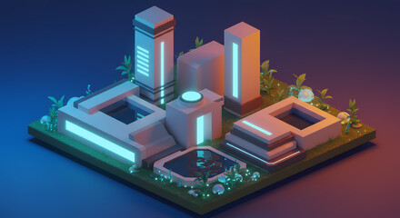 Futuristic Low-Poly Cityscape: Neon Lights and Lush Greenery in Isometric 3D Render