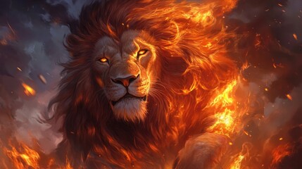 Fototapeta premium Fiery lion with glowing eyes, engulfed in flames.