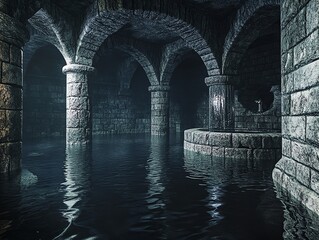 Ancient stone archways reflecting in water inside a mysterious underground chamber.