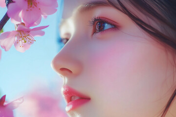 Fototapeta premium Woman admiring pink cherry blossoms under blue sky