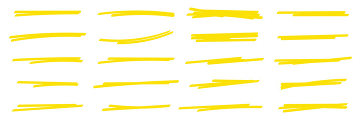 Yellow highlighter underlines set isolated on white background. Hand drawn yellow highlighter doodles. Yellow marker pen highlight underline strokes. Highlighter pen scribbles and strokes.