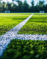 Soccer field corner line closeup with green grass