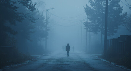 Mysterious Figure Walks Alone Down Foggy Road in Eerie Setting