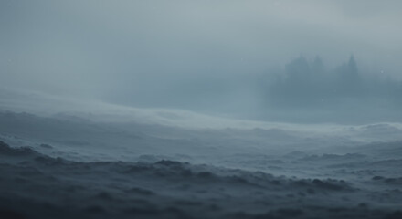 Ethereal Winter Landscape: Foggy Mountain Range with Distant Trees