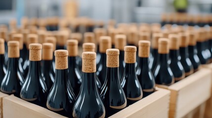 A close-up of dark glass wine bottles sealed with corks, arranged in neat rows inside wooden crates at a winery or factory.