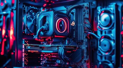 Fototapeta premium Beautiful close-up of a powerful gaming PC with vibrant RGB lights and sleek design. The high-tech components shine brightly in contrasting colors, showcasing modern technology.