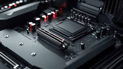 Obraz premium Close-up view of a modern motherboard with intricate details, showcasing circuit pathways and glowing lights for tech enthusiasts and digital creators.