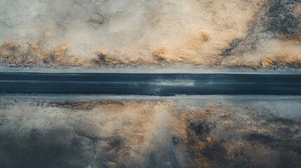 Aerial view of rural road flanked by fields with earthy textures