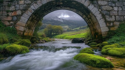 Fototapeta premium Stone arch bridge over scenic river and lush green landscape in misty valley