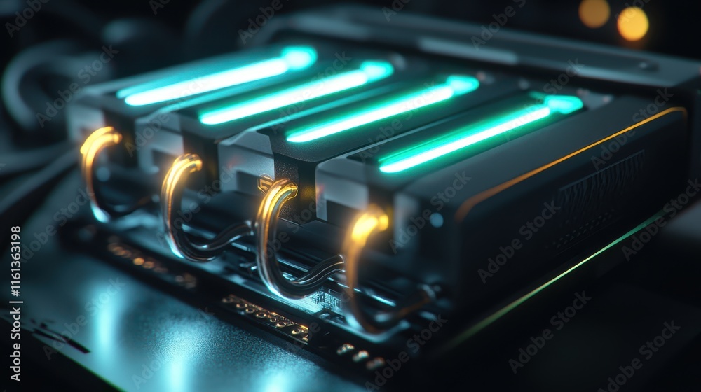 Poster futuristic data storage device with glowing elements. this ai-generated image shows a high-tech gadg