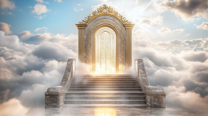 Golden gate and staircase leading to a bright light in the clouds..