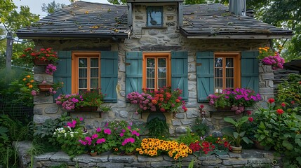 Cozy stone cottage with vibrant flowers and shutters.