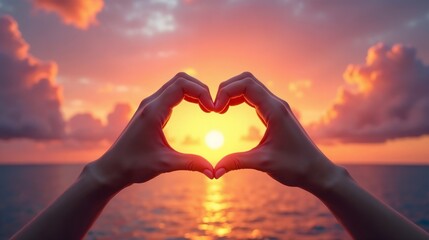 Hands creating a heart shape against a vibrant sunset over the ocean