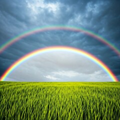Naklejka premium A vivid rainbow over a lush green meadow. 