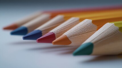 Fototapeta premium Colorful wooden pencils arranged in a row, showcasing vibrant tips. Perfect for art lovers, students, or anyone who enjoys creativity and color in their life.
