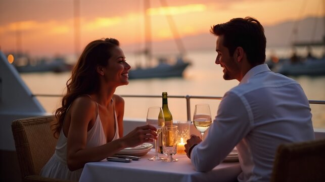 Romantic dinner at seaside restaurant during sunset with couple enjoying a special moment