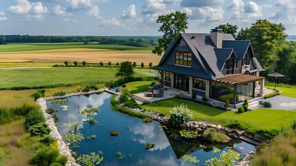 Obraz premium Elegant farmhouse with large pond and green fields.