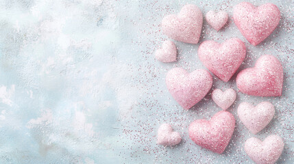 Fototapeta premium Pink glitter hearts scattered on a light blue background.