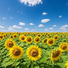 Obraz premium A field of sunflowers under a bright blue sky. 