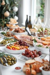 A plentiful buffet table full of gourmet food and drinks, perfect for a cocktail party or upscale gathering.