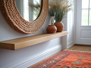 Bright entryway with a floating shelf, round mirror, planters, and a vibrant rug for a stylish ambiance