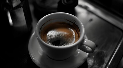 Cup of coffee sits on a white saucer. The coffee is dark and the cup is almost empty