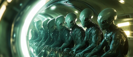 Group of out of space aliens posing inside their space ship ready to get out of the ship to invade planet earth	
