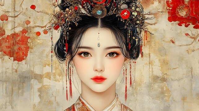 Elegant Tang Dynasty Palace Courtesan Adorned with Ornate Hairpieces and Bejeweled Accessories